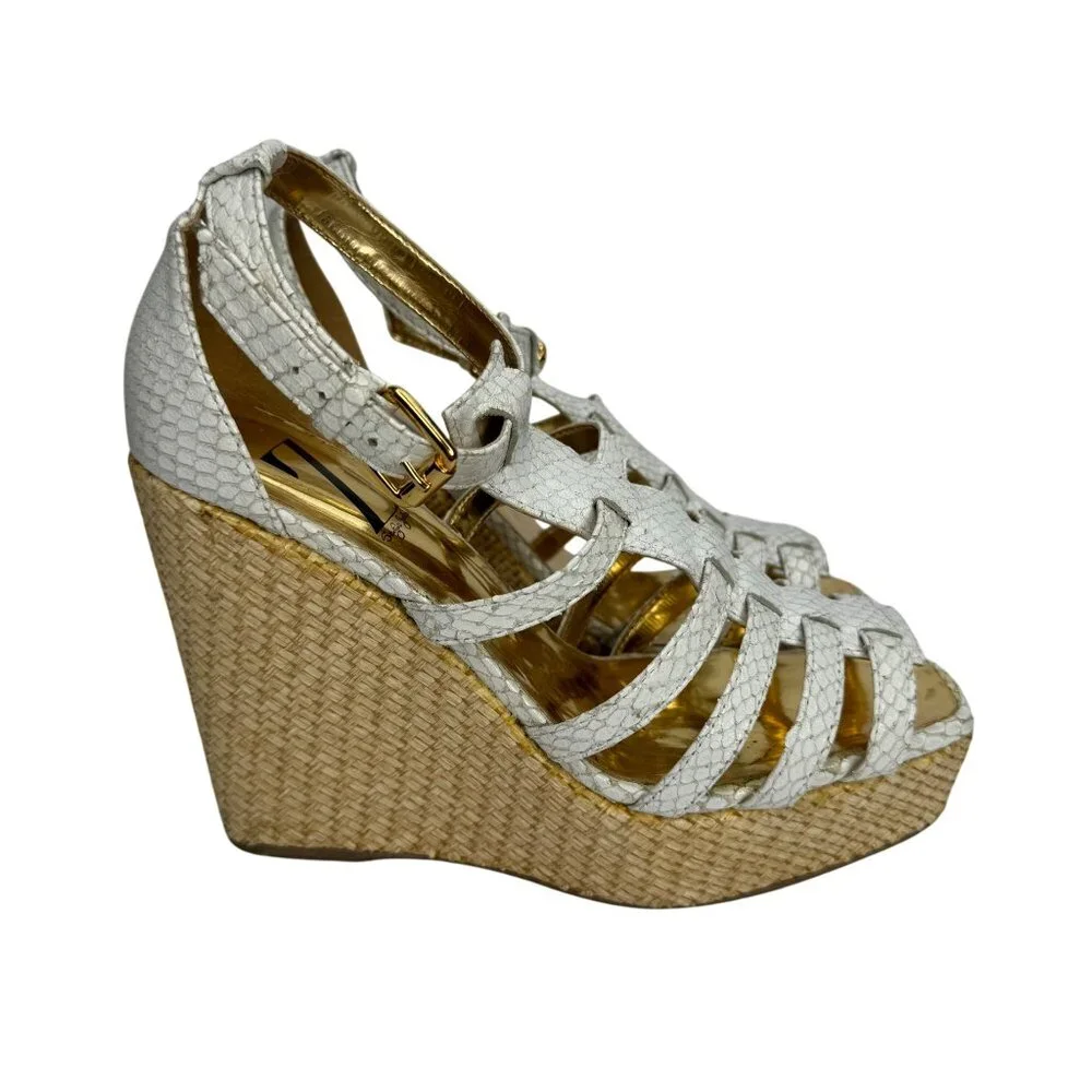 Sergio Zelcer White Snake Wedge Sandals Size 6‎ Womens Open Toe Raffia Platform